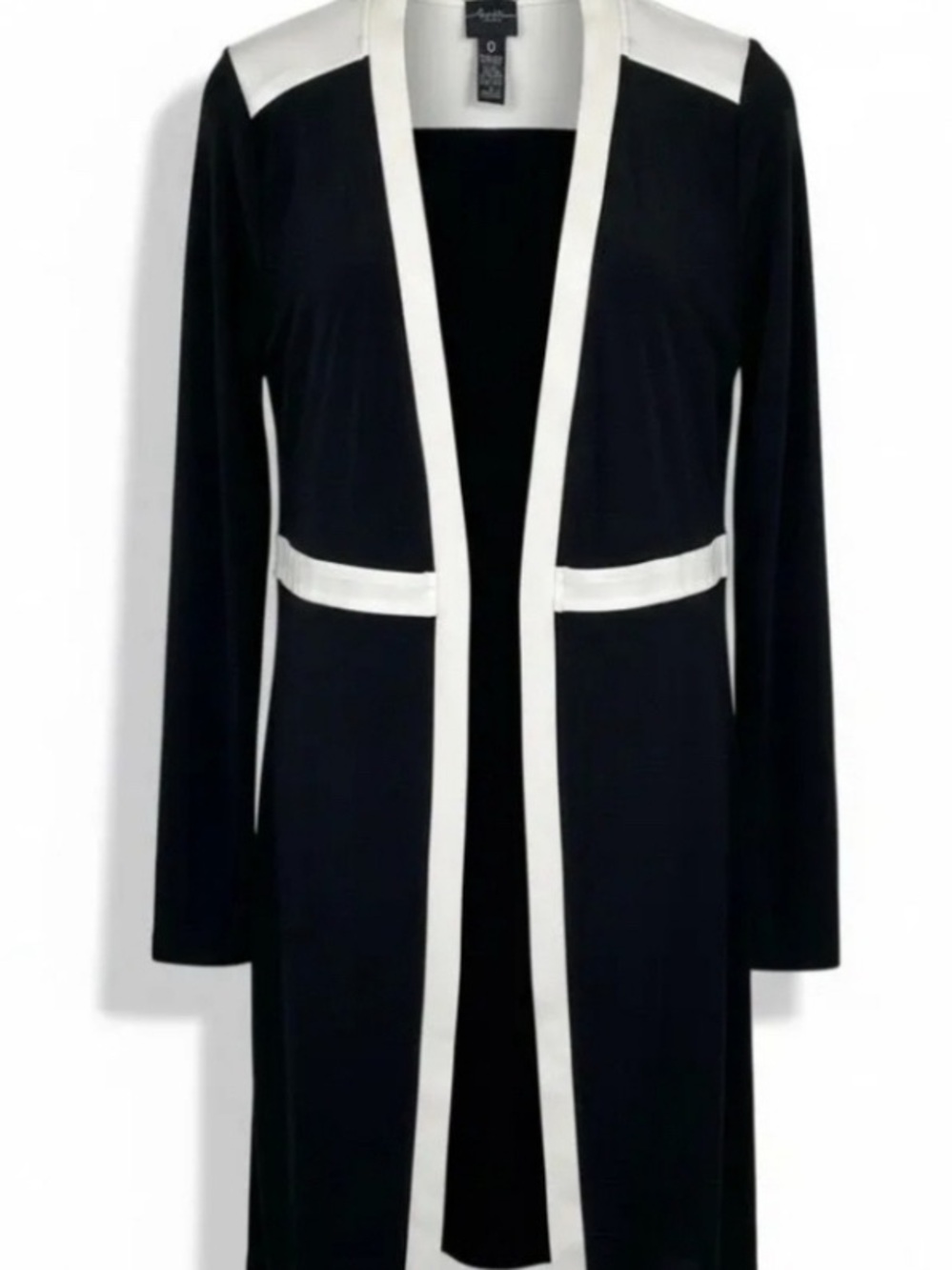Chico’s Travelers Black & White Open Front Long Cardigan - Contrast Trim